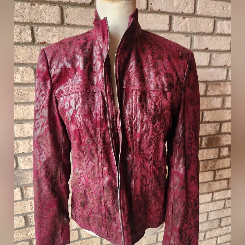 Erin London red burgandy snake animal print jacket 8